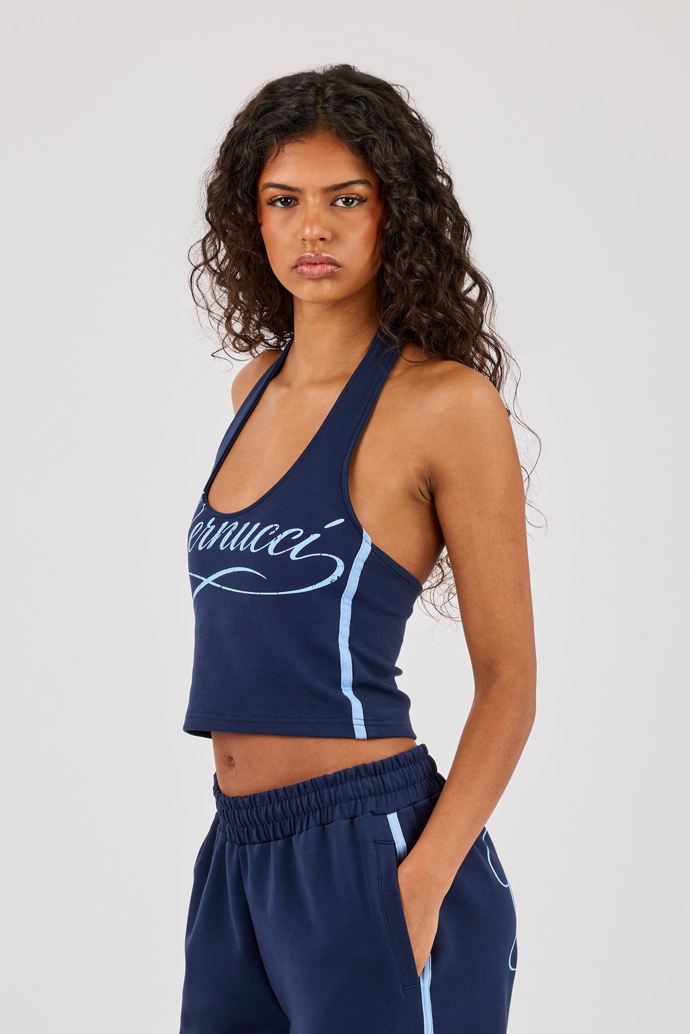 Cracked Print Halterneck Top - Navy Blue